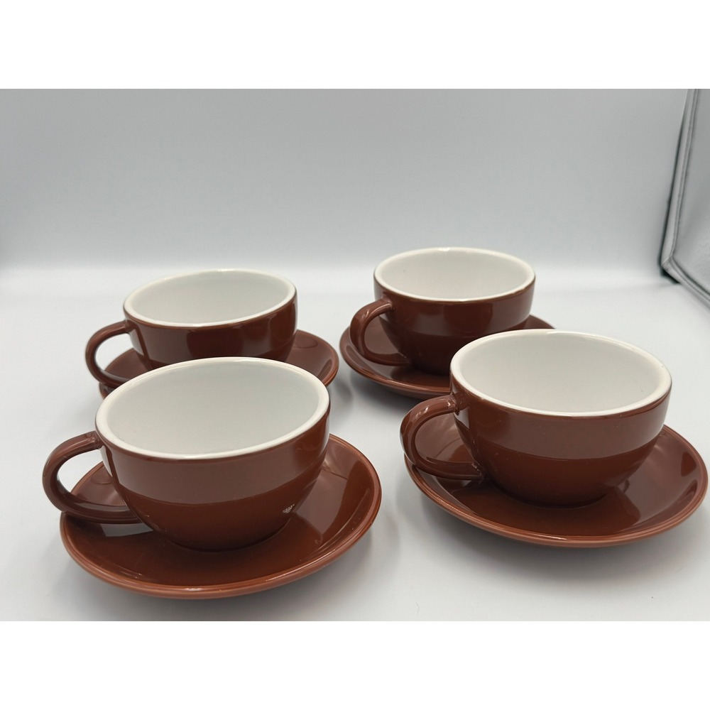 Mota Ceramica Brown Coffee Tea Cup and Saucer Set of 4 Mid-Century Modern Style